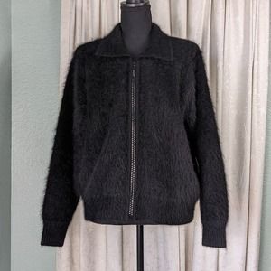Venesha Black Angora Blend Rhinestone Zip Up Cardigan Jacket Sweater sz S